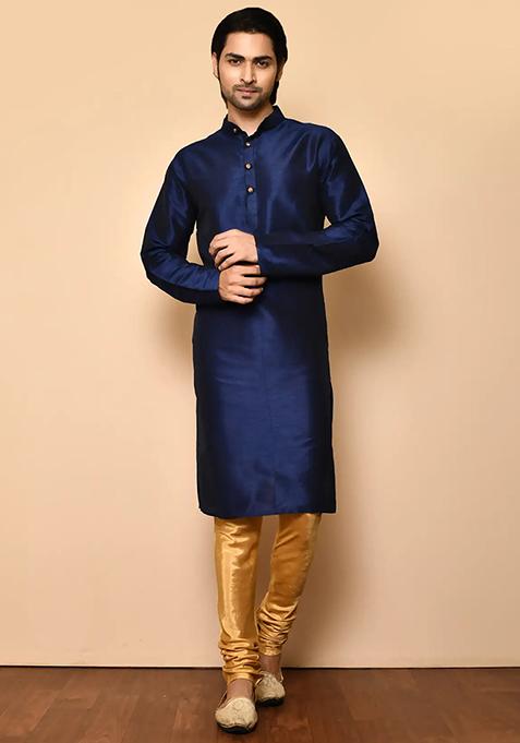 Navy Blue Solid Silk Kurta Set For Men