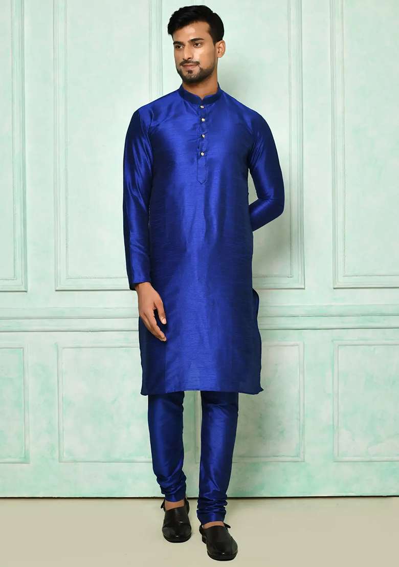 Blue Solid Silk Blend Kurta Set For Men - Indya
