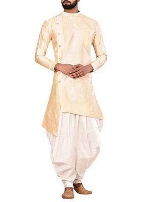 Fawn Yellow Solid Silk Kurta Set For Men