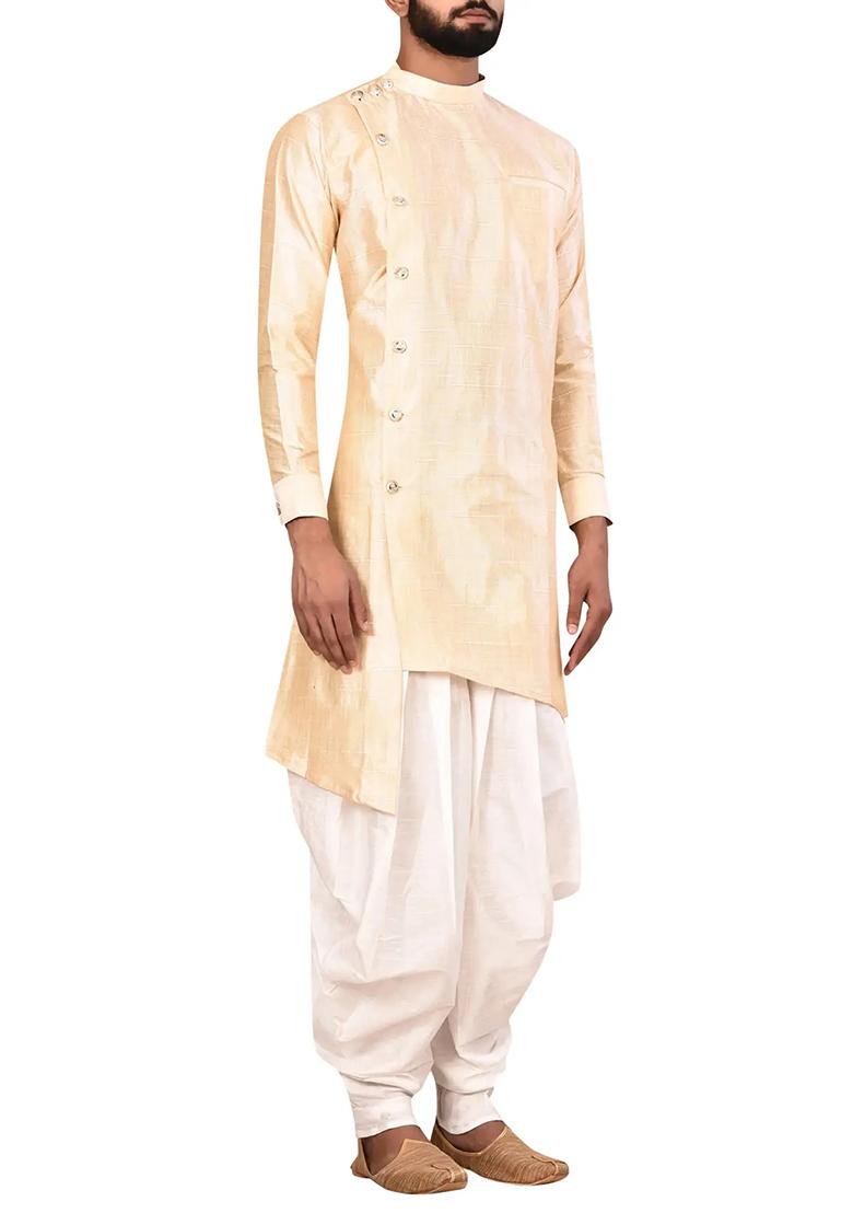 Fawn Yellow Solid Silk Kurta Set For Men