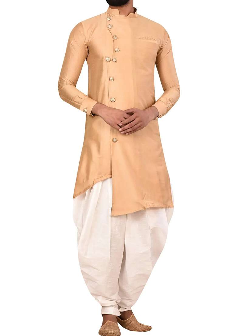 Gold Solid Silk Blend Kurta Set For Men - Indya