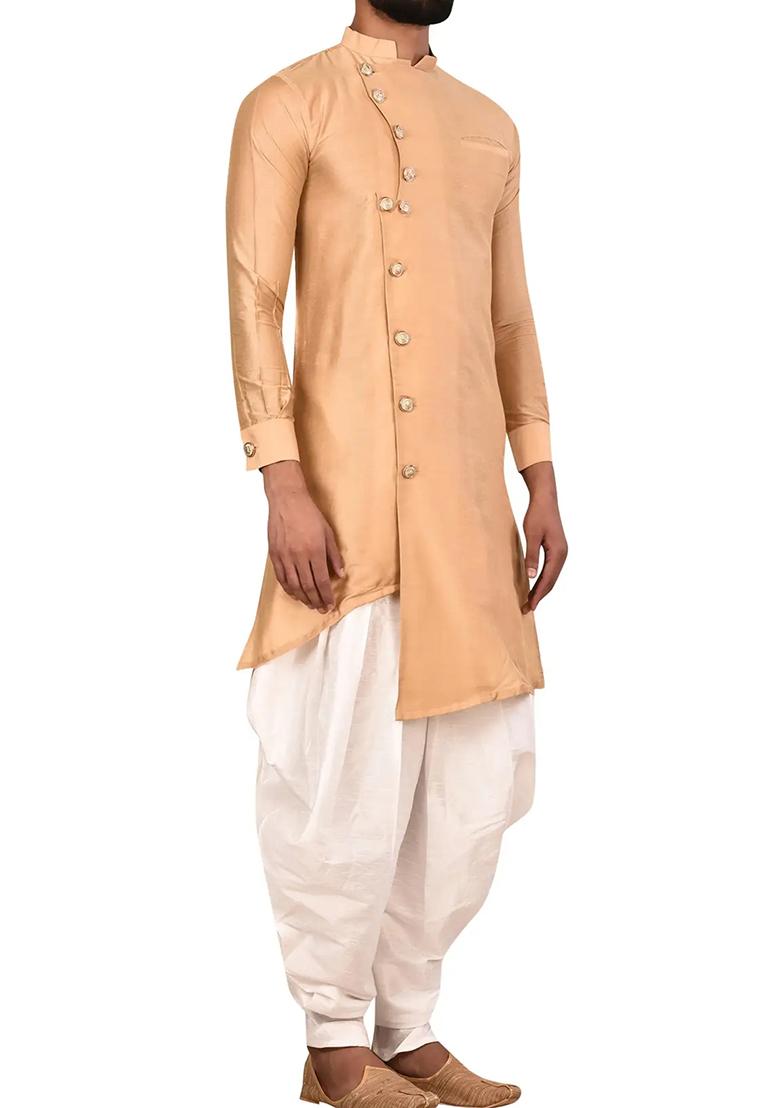 Gold Solid Silk Kurta Set For Men