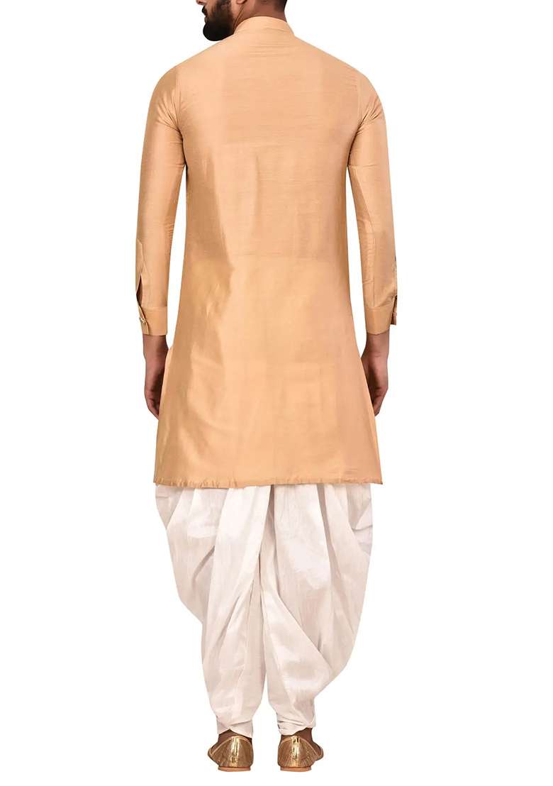 Gold Solid Silk Blend Kurta Set For Men - Indya