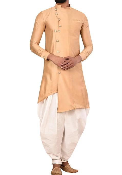 Gold Solid Silk Kurta Set For Men