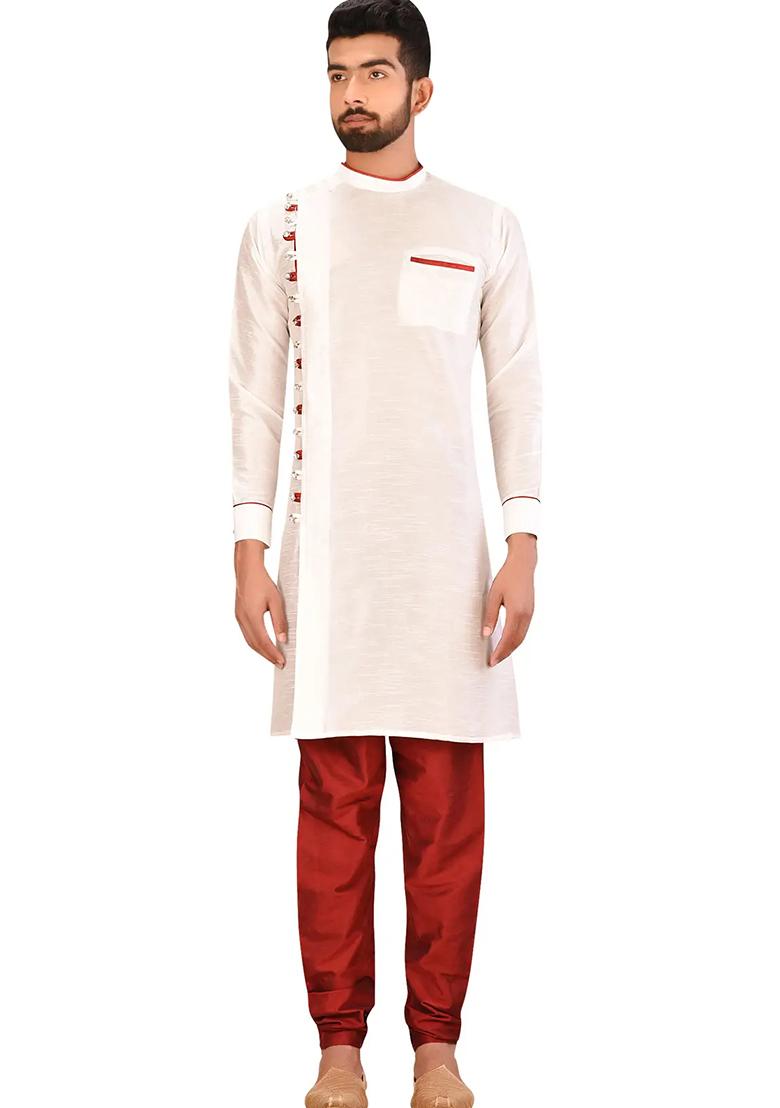 Lemon Cream Embroidered Silk Kurta Set For Men