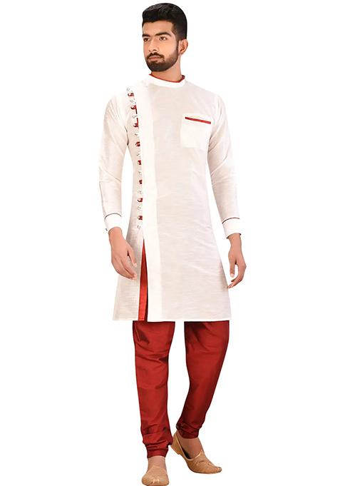 Lemon Cream Embroidered Silk Kurta Set For Men