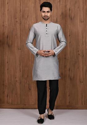 Grey Solid Silk Kurta Set For Men