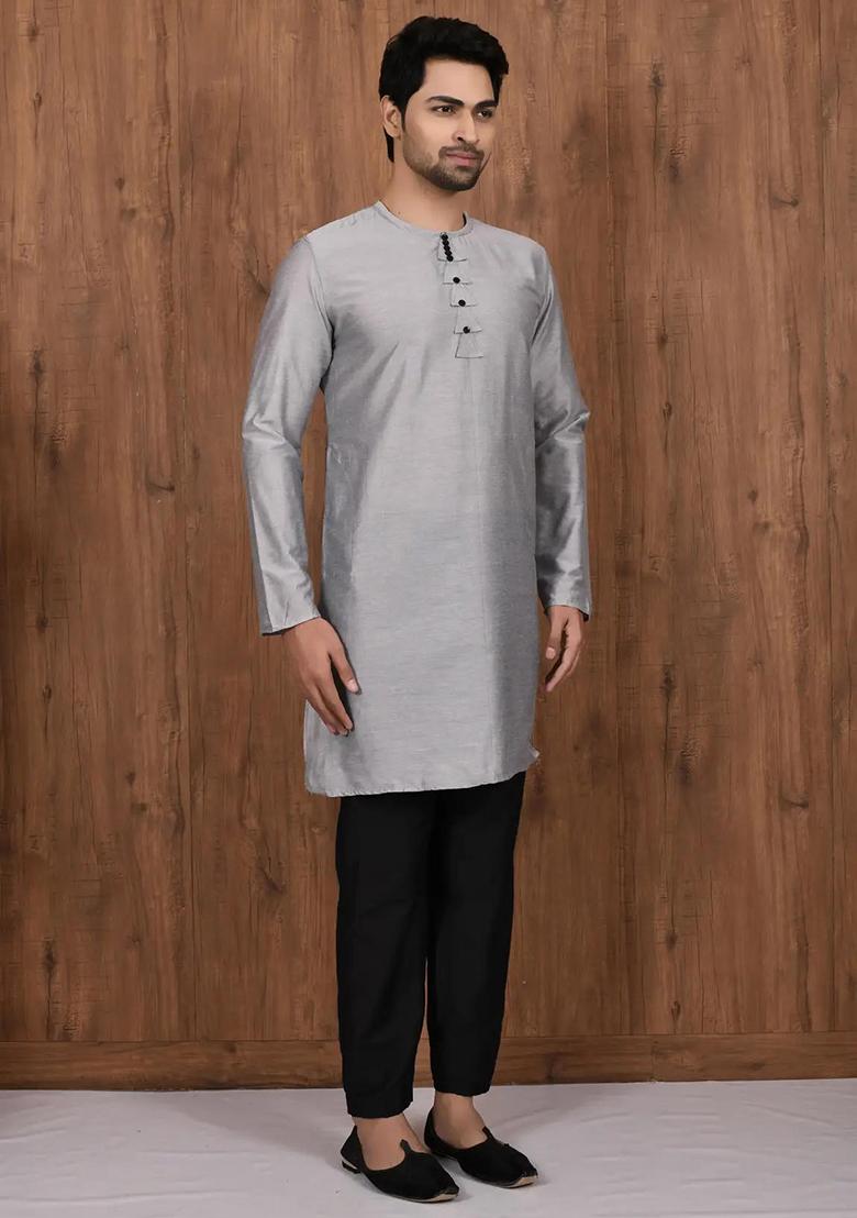Grey Solid Silk Kurta Set For Men