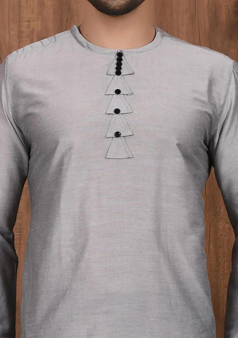 Grey Solid Silk Kurta Set For Men