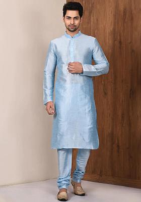 Blue Solid Silk Kurta Set For Men