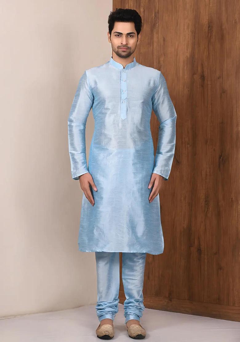 Blue Solid Silk Kurta Set For Men