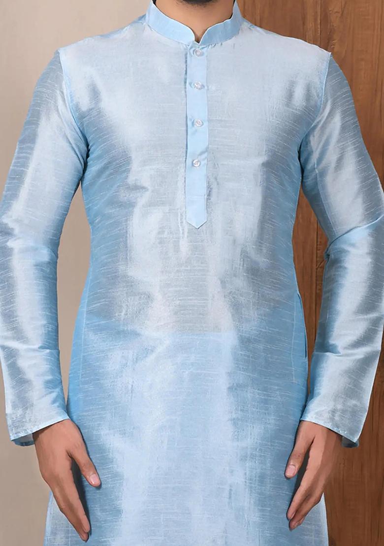 Blue Solid Silk Kurta Set For Men