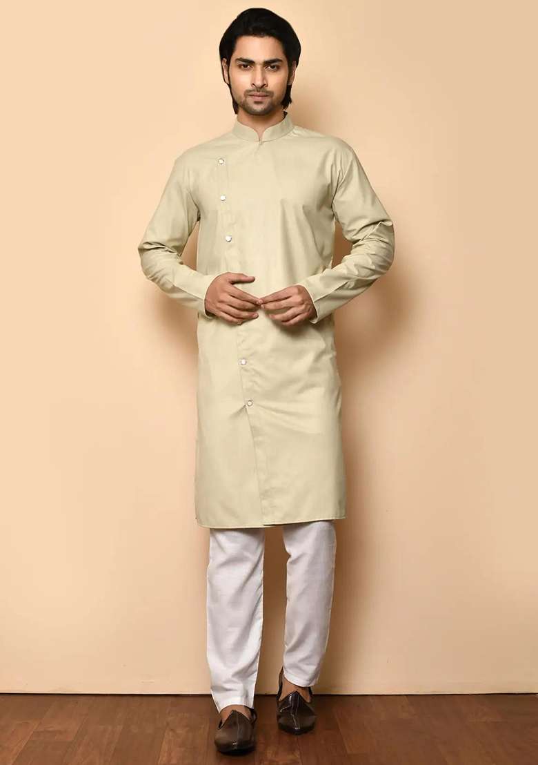 Brown Solid Cotton Kurta Set For Men - Indya