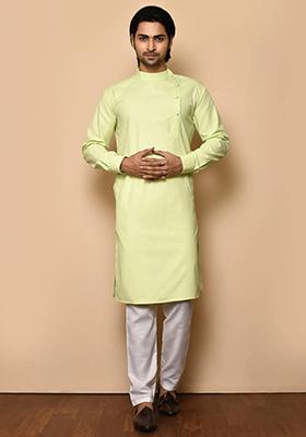 Light Green Embroidered Cotton Kurta Set For Men