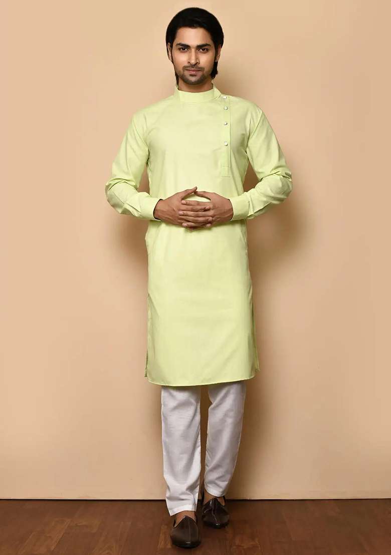 Light Green Embroidered Cotton Kurta Set For Men - Indya