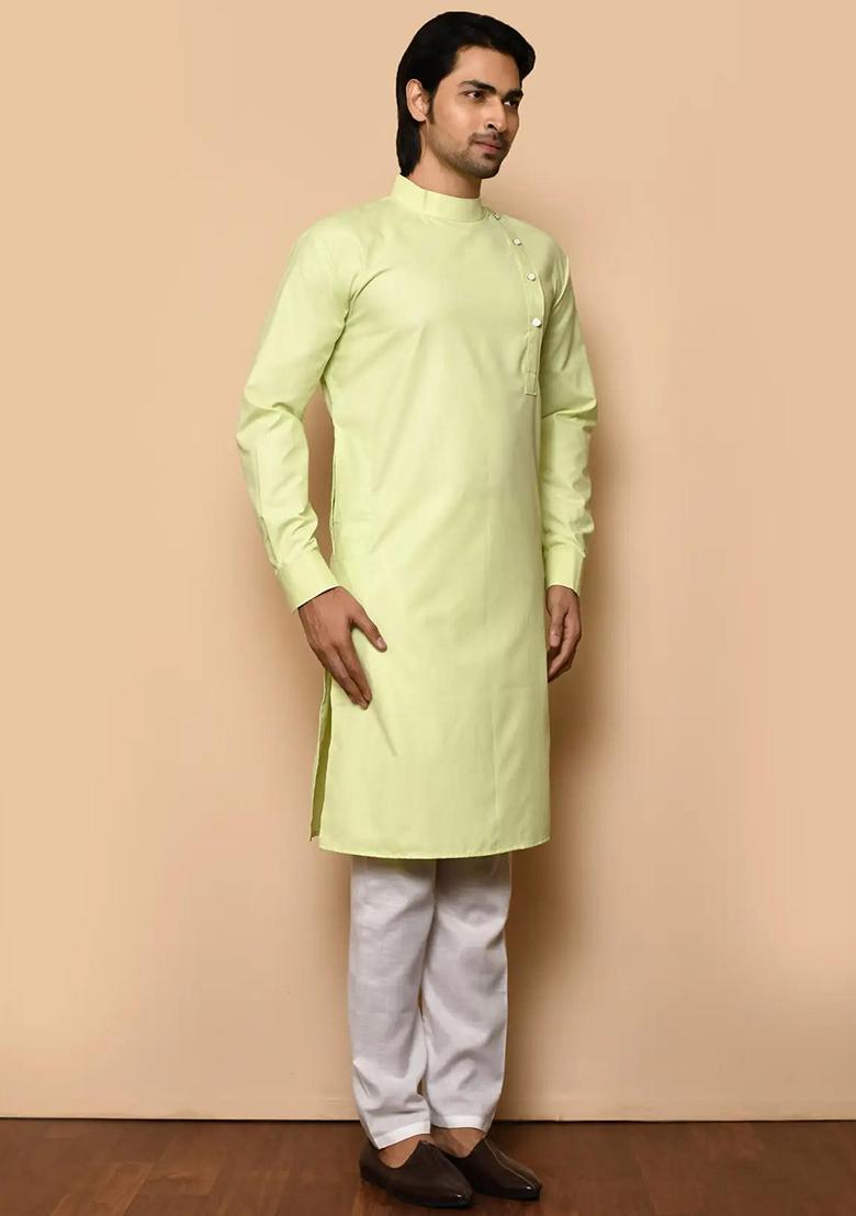 Light Green Embroidered Cotton Kurta Set For Men