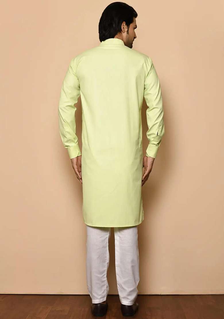 Light Green Embroidered Cotton Kurta Set For Men - Indya