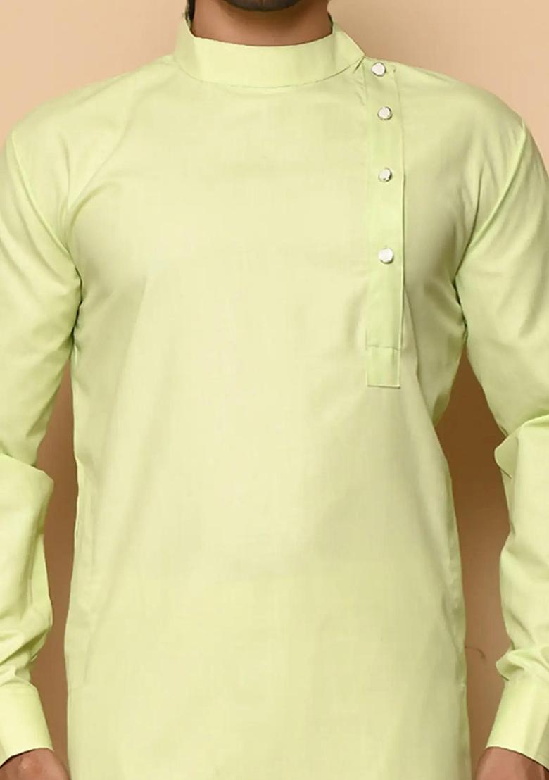 Light Green Embroidered Cotton Kurta Set For Men
