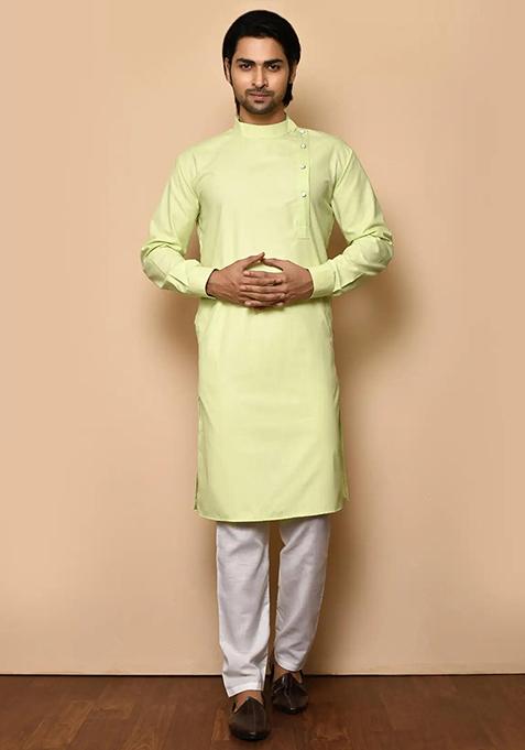 Light Green Embroidered Cotton Kurta Set For Men