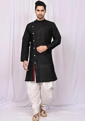 Black Solid Silk Kurta Set For Men