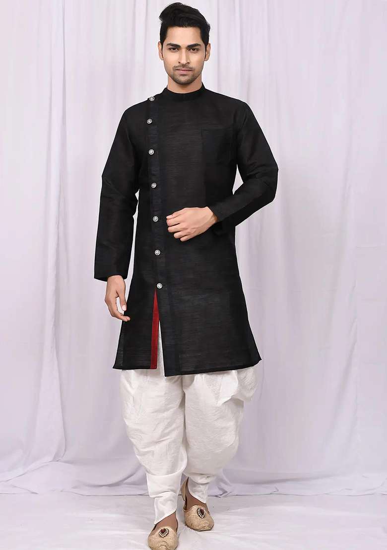 Black Solid Silk Blend Kurta Set For Men - Indya