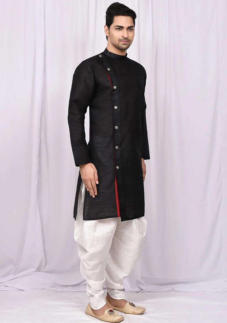 Black Solid Silk Kurta Set For Men