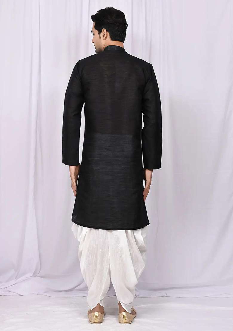 Black Solid Silk Blend Kurta Set For Men - Indya