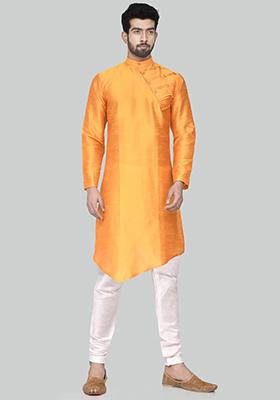 Orange Embroidered Silk Kurta Set For Men