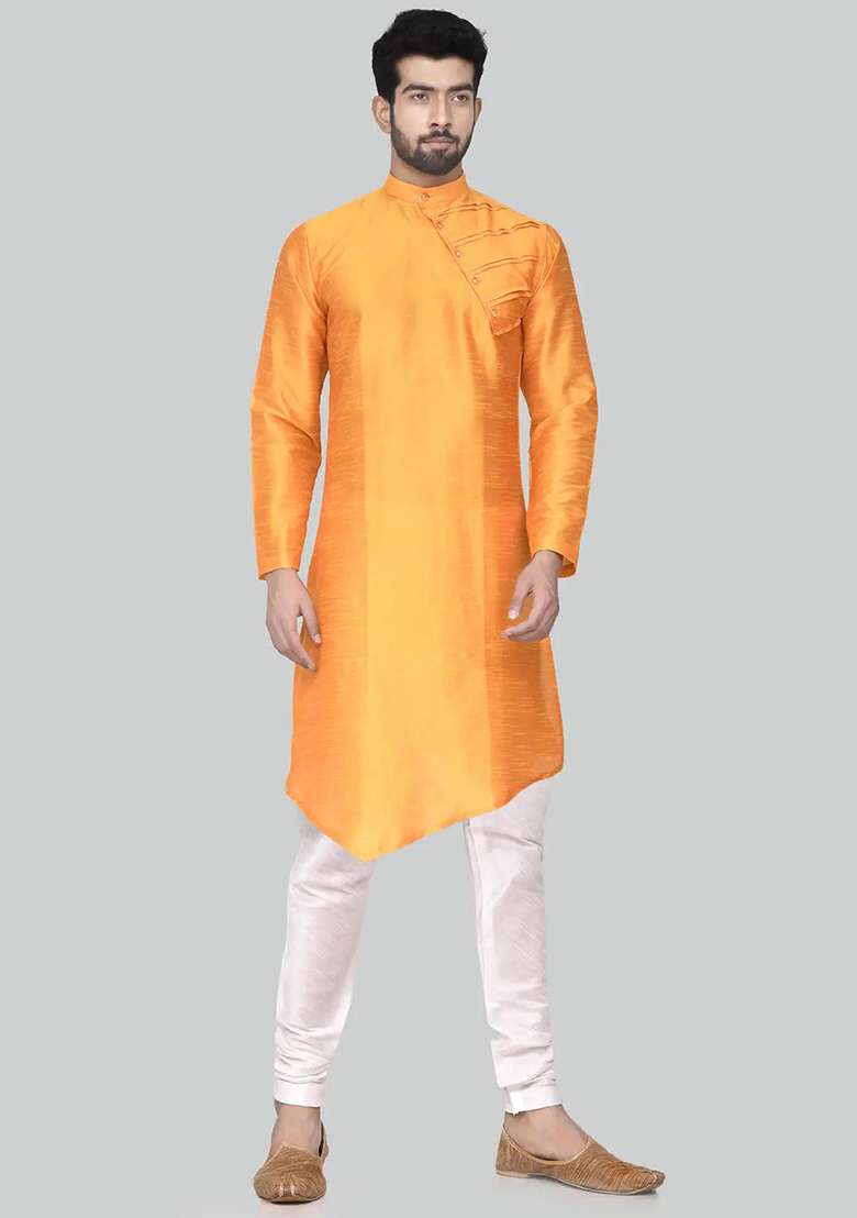 Orange Embroidered Silk Blend Kurta Set For Men - Indya