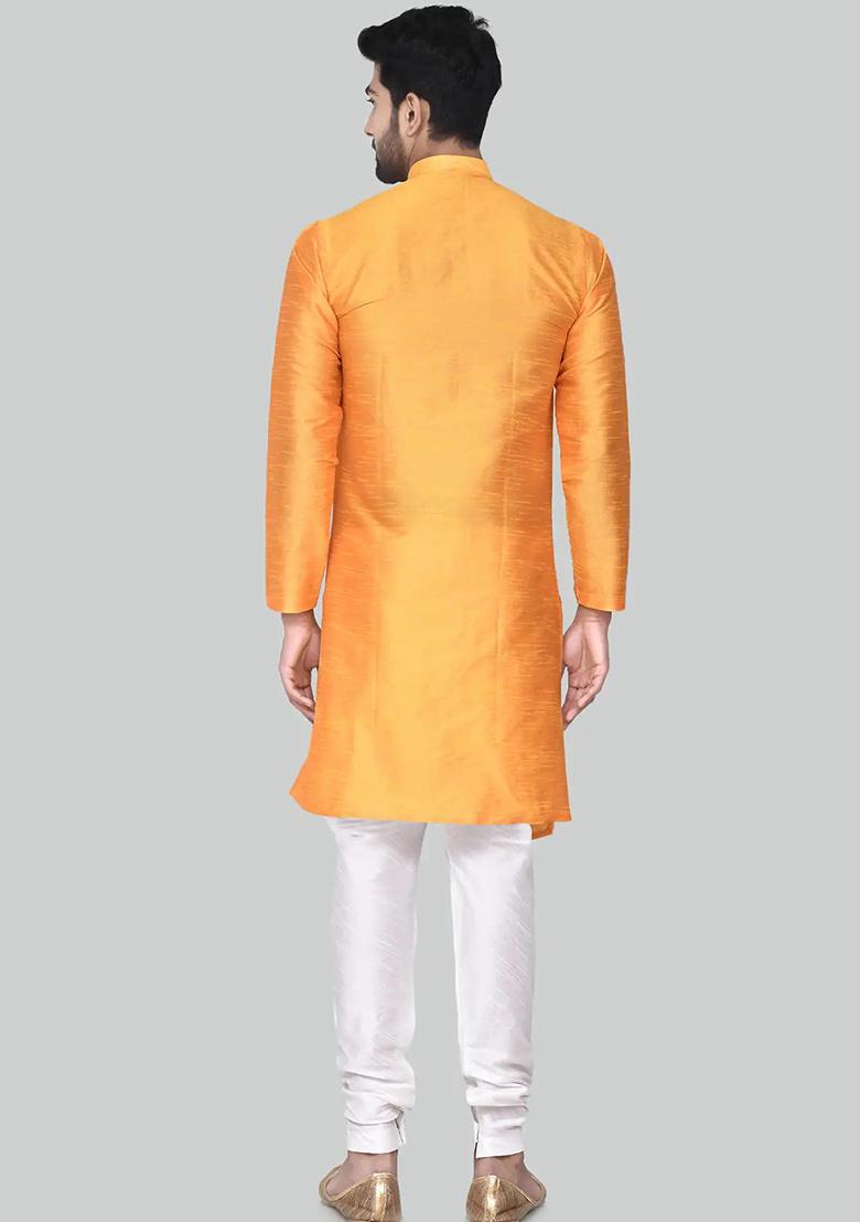 Orange Embroidered Silk Kurta Set For Men