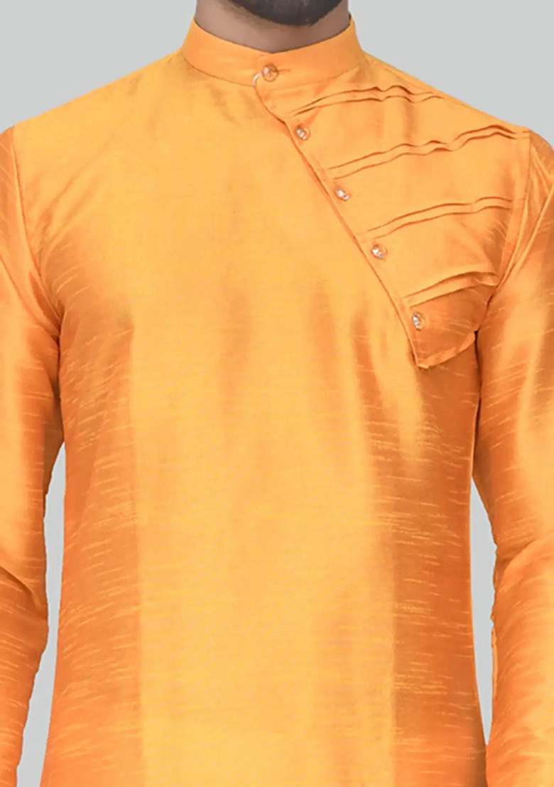 Orange Embroidered Silk Blend Kurta Set For Men - Indya