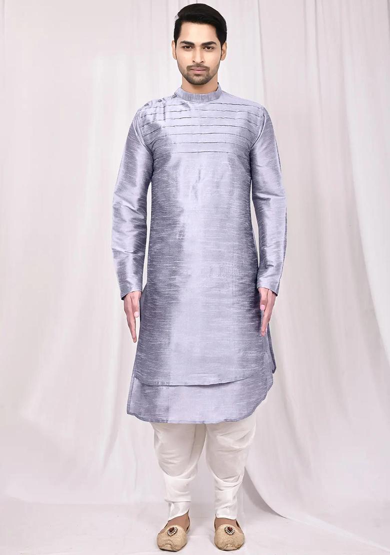 Grey Solid Silk Kurta Set For Men