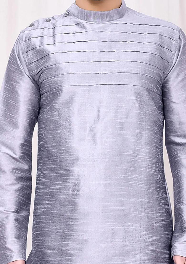 Grey Solid Silk Kurta Set For Men