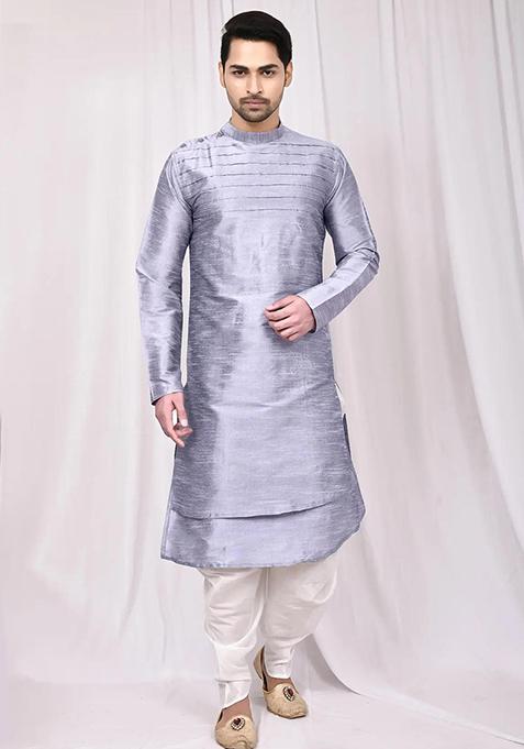 Grey Solid Silk Kurta Set For Men