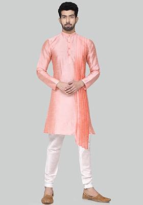 Pink Solid Silk Kurta Set For Men
