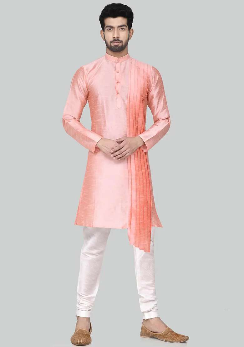 Pink Solid Silk Blend Kurta Set For Men - Indya