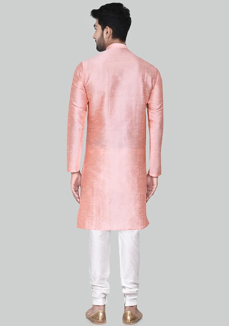 Pink Solid Silk Kurta Set For Men