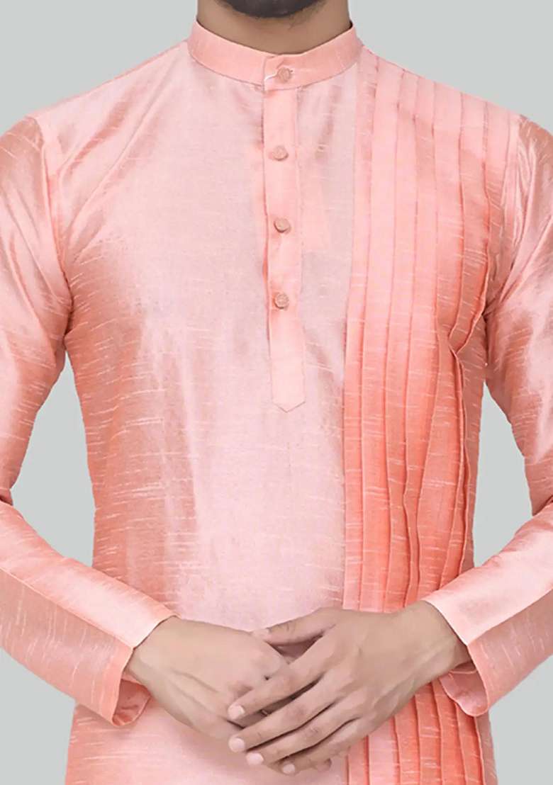 Pink Solid Silk Blend Kurta Set For Men - Indya