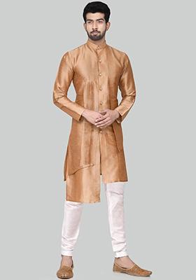 Gold Solid Silk Kurta Set For Men
