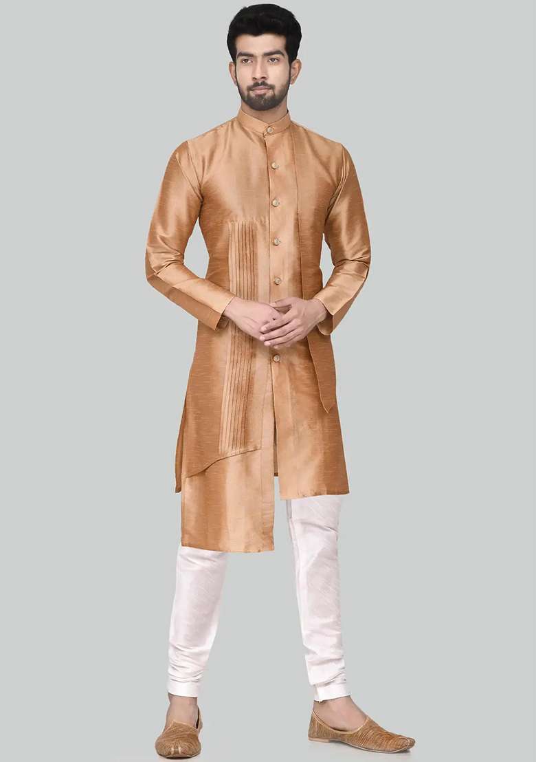 Gold Solid Silk Blend Kurta Set For Men - Indya