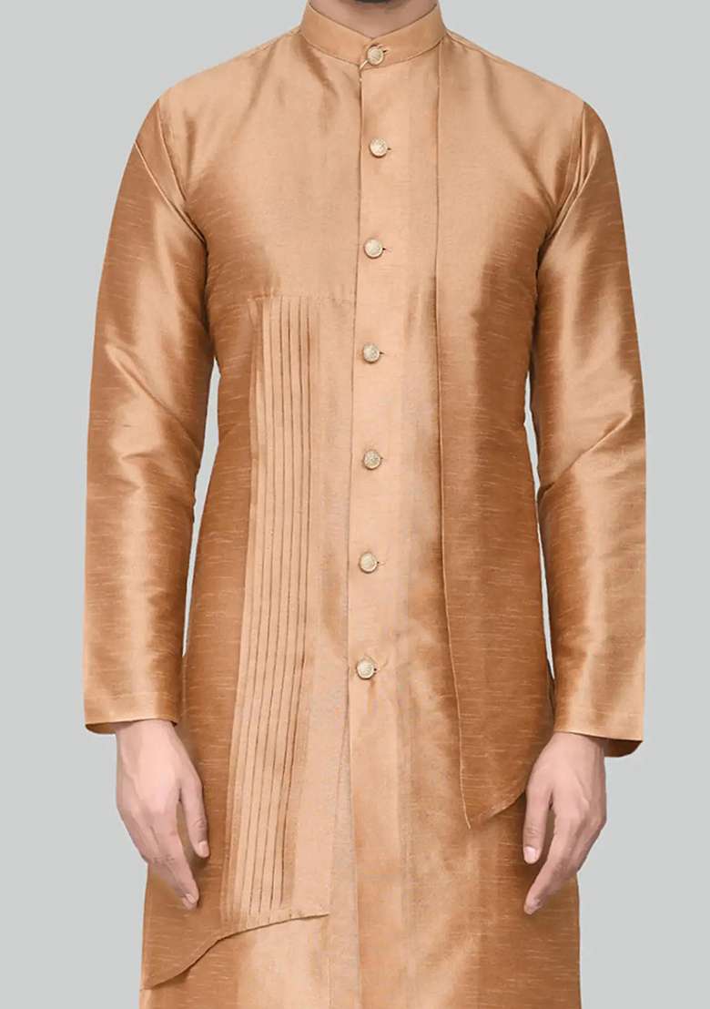 Gold Solid Silk Blend Kurta Set For Men - Indya