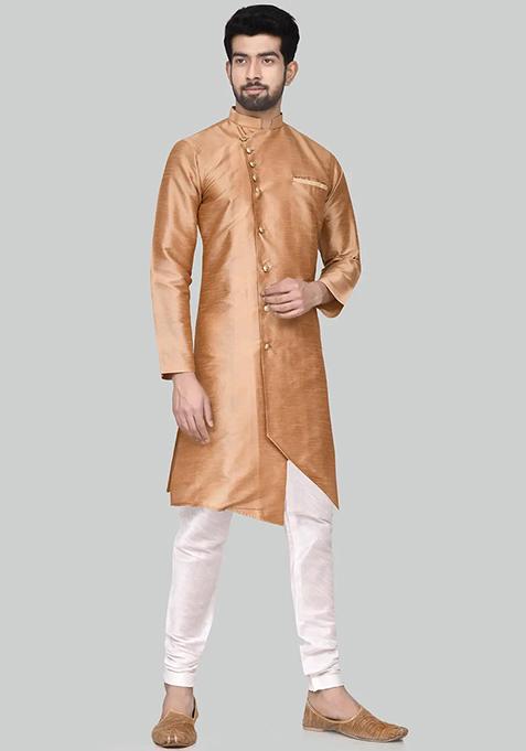 Gold Embroidered Silk Kurta Set For Men