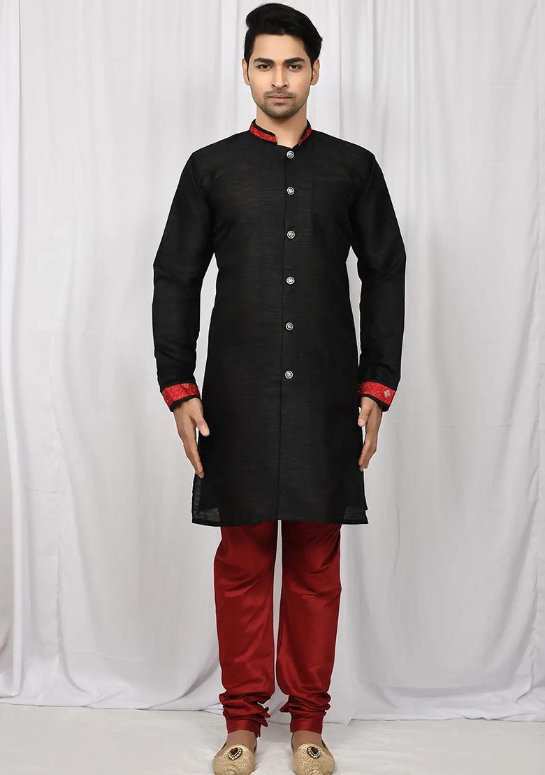 Black Solid Silk Kurta Set For Men