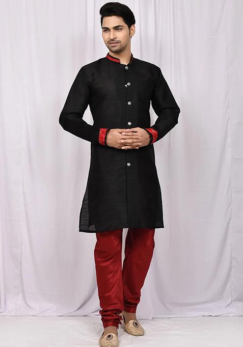Black Solid Silk Kurta Set For Men