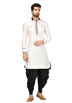 White Solid Silk Kurta Set For Men