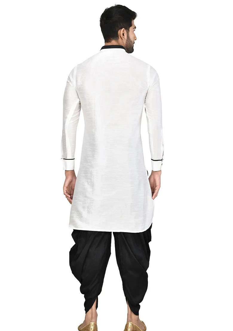 White Solid Silk Kurta Set For Men