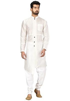 White Solid Silk Kurta Set For Men