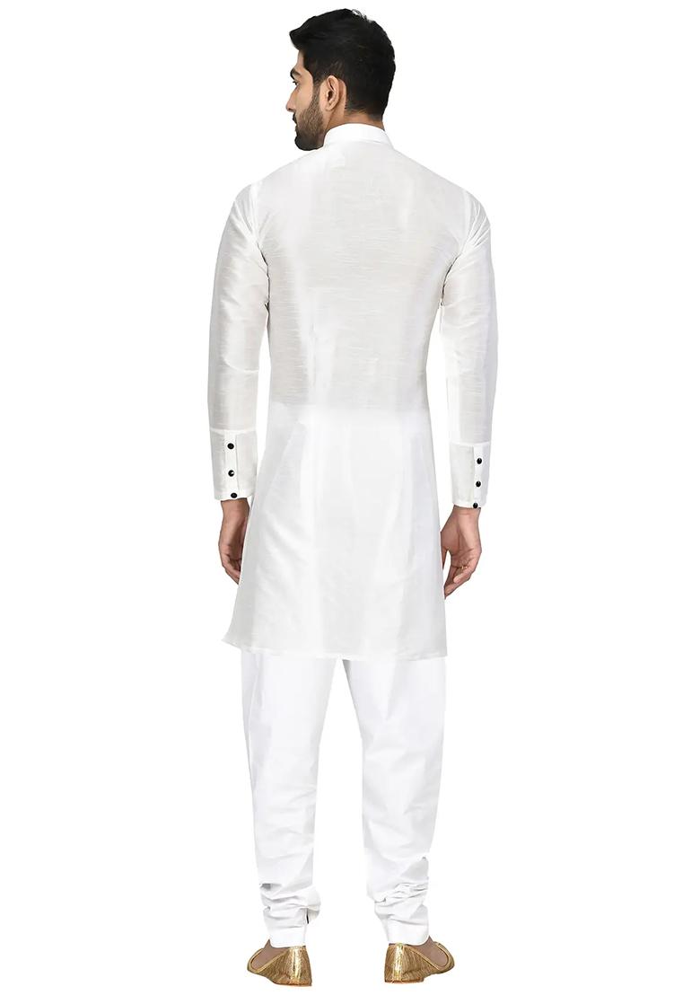 White Solid Silk Kurta Set For Men