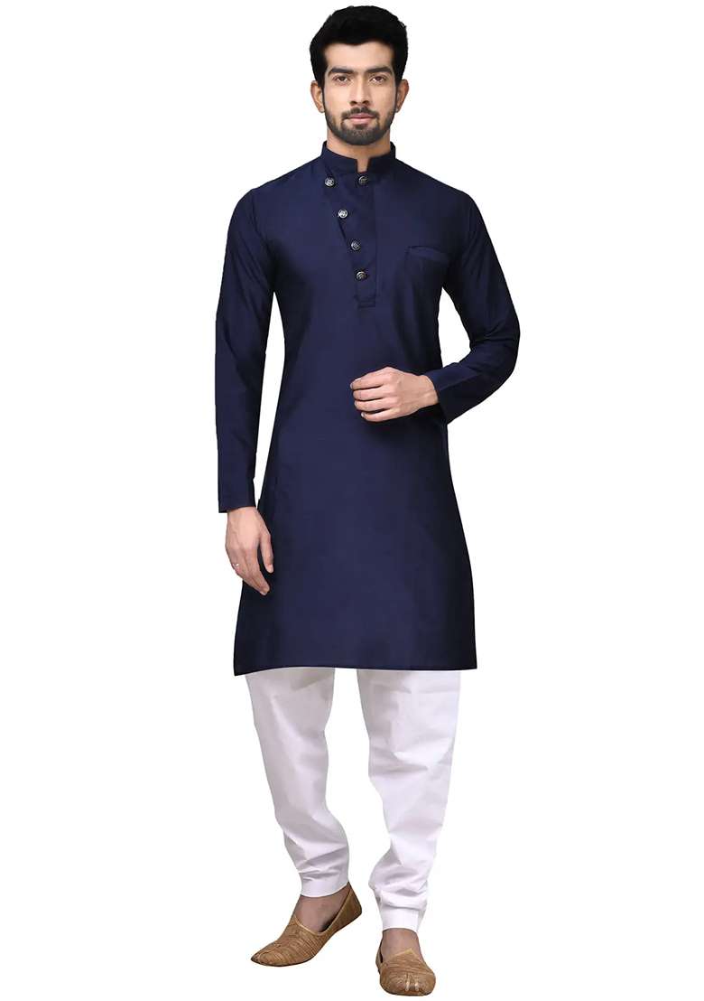 Navy Blue Solid Cotton Kurta Set For Men - Indya