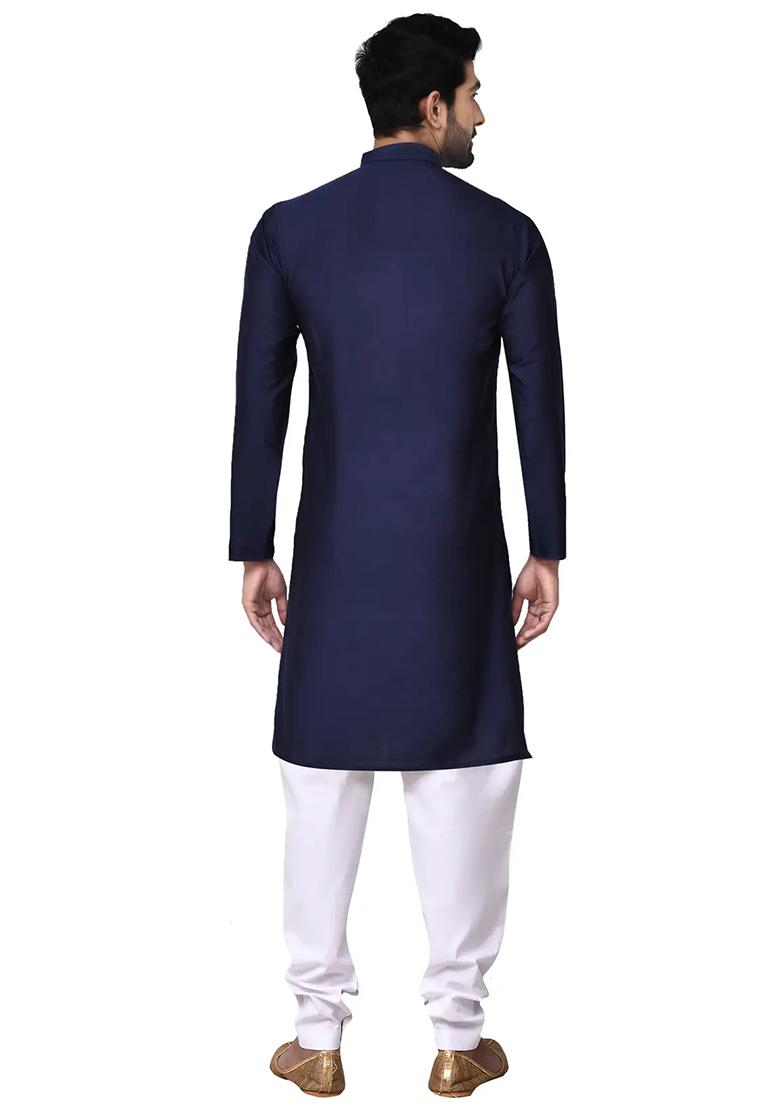 Navy Blue Solid Cotton Kurta Set For Men